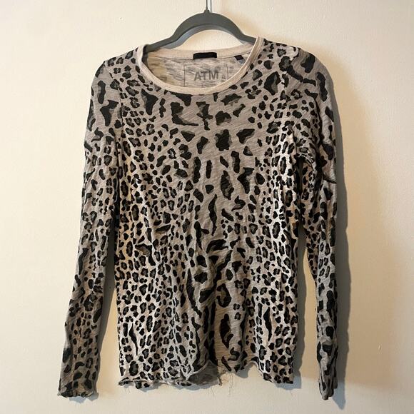 ATM Mixed Leopard Slub Long Sleeve Tee Silver Pavement Combo Gray Cotton Top XS - Picture 1 of 11